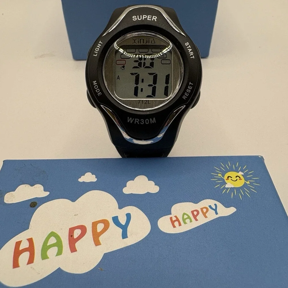 Digital Wristwatch Black Water-Resistant Alarm Backlight Timer with Box